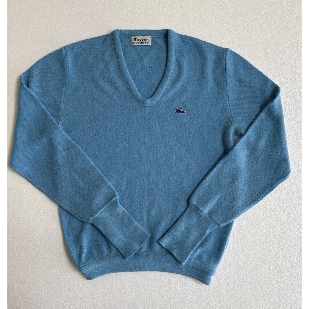 Mens Vintage ~1970s Izod Lacoste Classic Sky Blue V Neck LS Sweater Size L